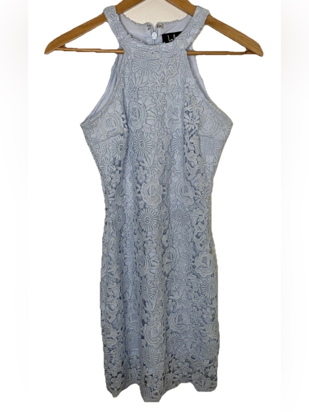 Lulus Love Poem Lace Mini Dress Size XS Baby Blue Halter Wedding Guest Party